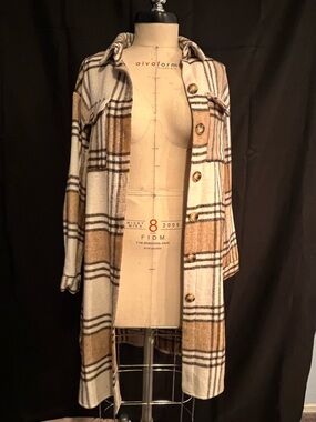 Plaid Long Button-Front Coat in Beige and Brown